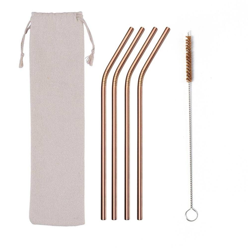 Reusable Straw Set w. Cleaning Brush & Bag | Stainless Steel | Bent | Pack of 4