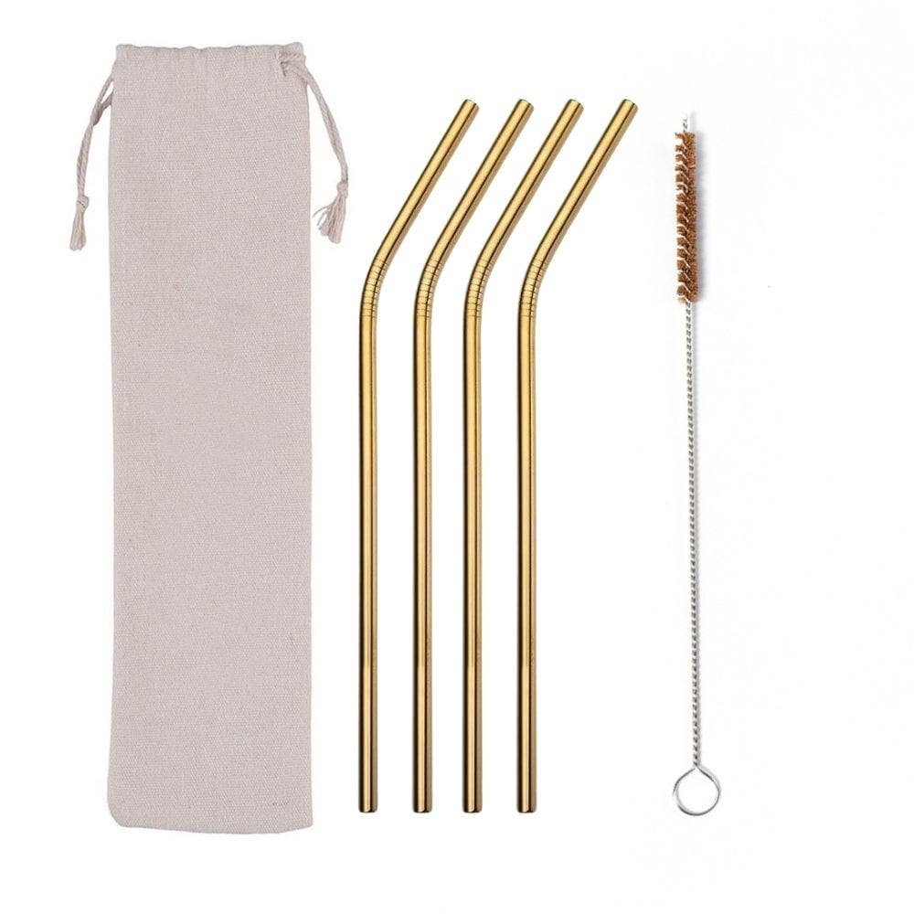 Reusable Straw Set w. Cleaning Brush & Bag | Stainless Steel | Bent | Pack of 4