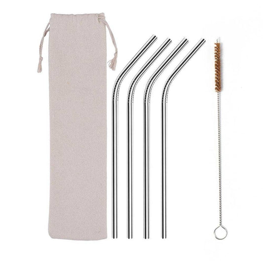 Reusable Straw Set w. Cleaning Brush & Bag | Stainless Steel | Bent | Pack of 4